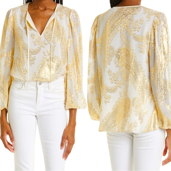Kobi Halperin Tops - Kobi  Halperin Nicky Floral Brocade Silk Blend Blouse in Ivory & Gold Size M New